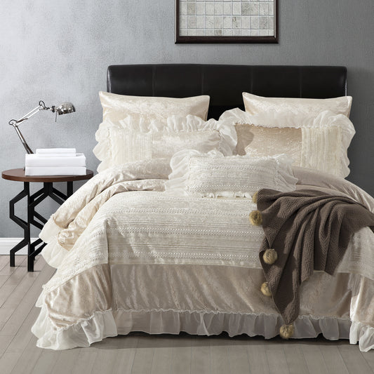 7-Piece Comforter Set, Ruffled Beige and White Design, Includes Comforter, Pillowcases, and Cushions