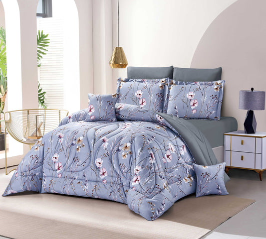 Elegant Blue Floral Bedding Set with Pink Flowers & Botanical Prints - Quilt, Pillowcases & Decorative Cushions for Modern Bedroom Decor - Bedding Factory&Supplier