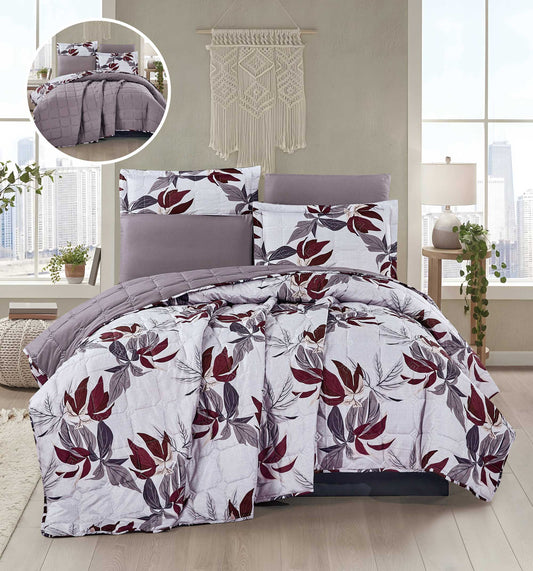 Elegant Floral Leaf Quilt Bedding Set - White with Burgundy & Gray Botanical Print, Includes Matching Pillow Shams & Decorative Pillowcases for Modern Bedroom Decor - Bedding Factory&Supplier