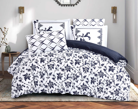 Customized 7-Piece Navy and White Floral Microfiber Comforter Set | Elegant Reversible Bedding with Decorative Pillow Shams and Cushions | Soft, Breathable, and Machine Washable | OEM Bedding Manufacturer