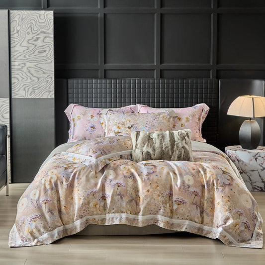 A Tencel Art Duvet Cover Set with a floral pattern, displayed on a bed in a room with modern decor.