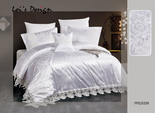 7-Piece Lace Edge Jacquard Duvet Cover Set – Silver White Luxury Bedding, Factory Direct & Custom Size Available
