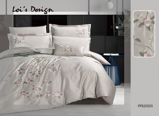 Luxury 7-Piece Floral Embroidered Duvet Cover Set – Soft Gray Bedding with Custom Size Options