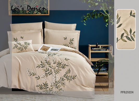 7-Piece Botanical Embroidered Duvet Cover Set – Beige Cotton Bedding with Custom Size Options