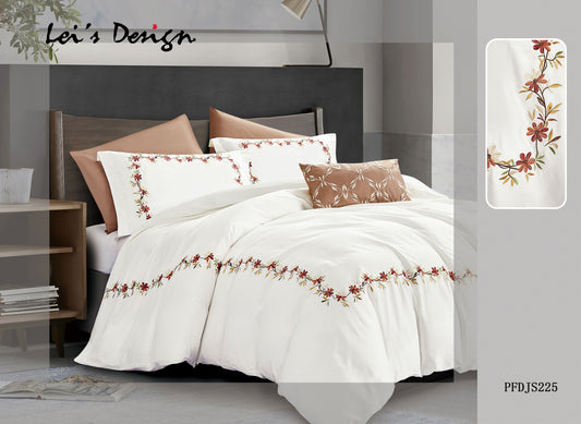 7-Piece Floral Embroidered Duvet Cover Set – White Cotton Bedding with Custom Size Options