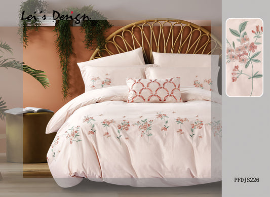 7-Piece Pink Floral Embroidered Duvet Cover Set – Elegant Cotton Bedding with Custom Size Options