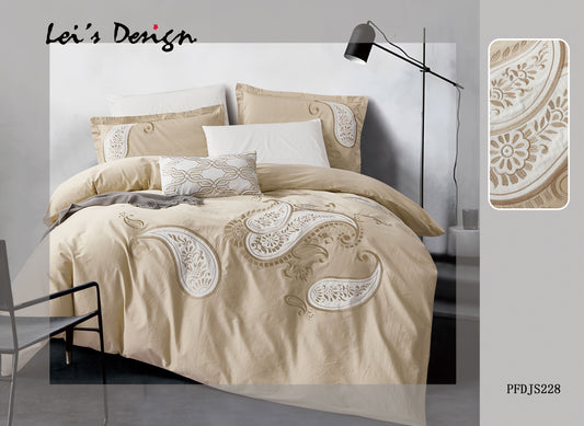 7-Piece Paisley Embroidered Duvet Cover Set – Beige Cotton Bedding with Custom Size Options