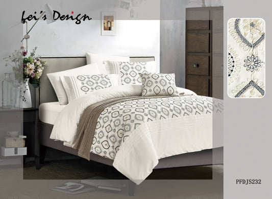 7-Piece Embroidered Duvet Cover Set – Ivory & Taupe Cotton Bedding with Custom Size Options