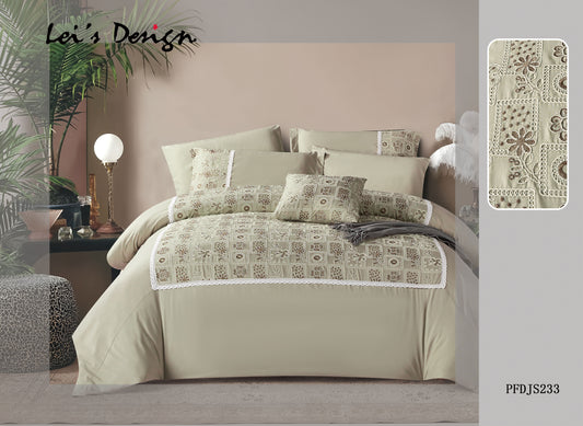 7-Piece Vintage Embroidered Duvet Cover Set – Beige Cotton Bedding with Custom Size Options
