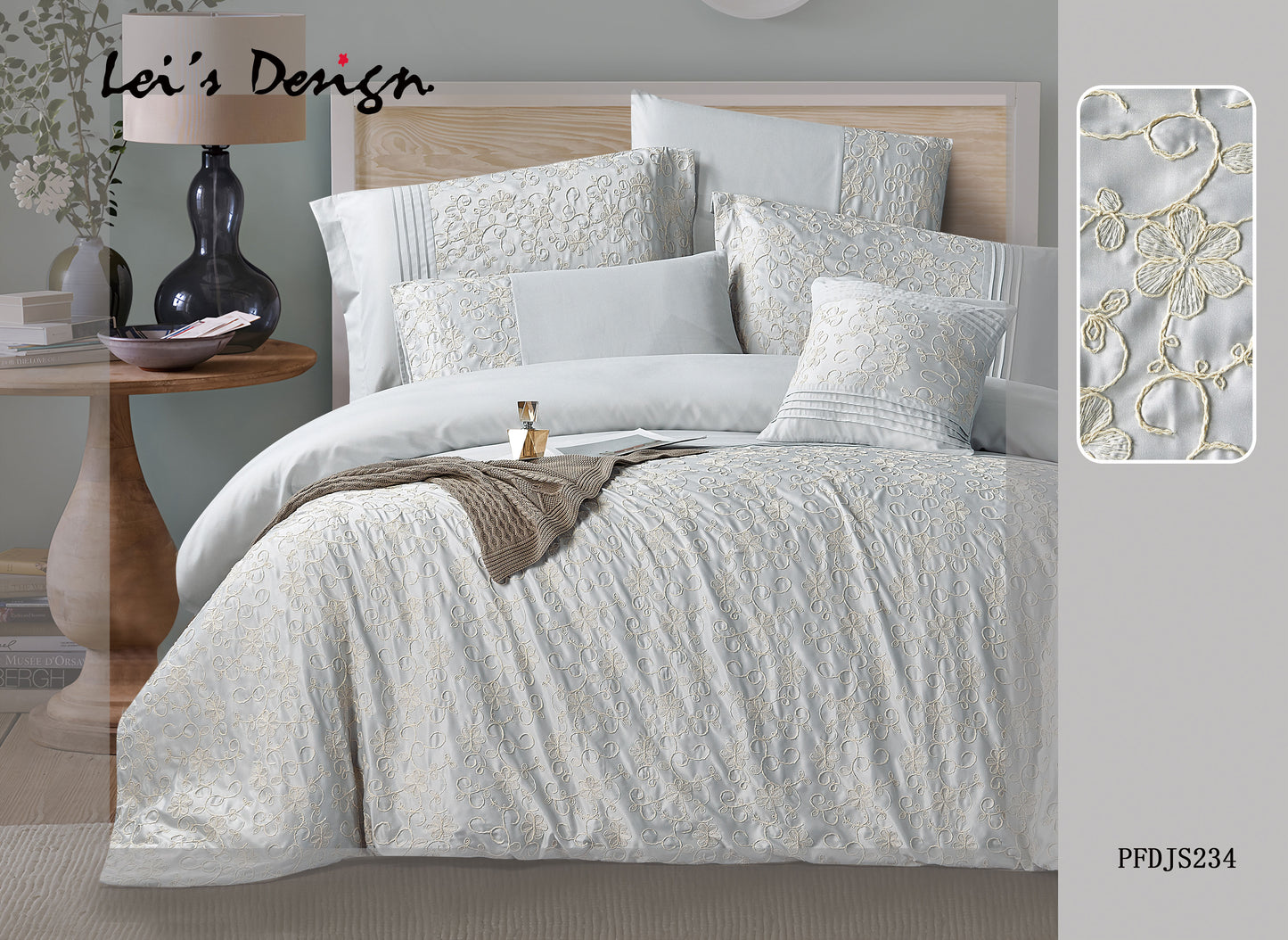 7-Piece Floral Embroidered Duvet Cover Set – Light Blue Cotton Bedding with Custom Size Options