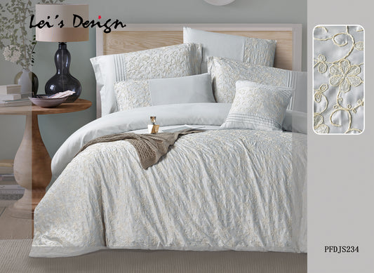 7-Piece Floral Embroidered Duvet Cover Set – Light Blue Cotton Bedding with Custom Size Options