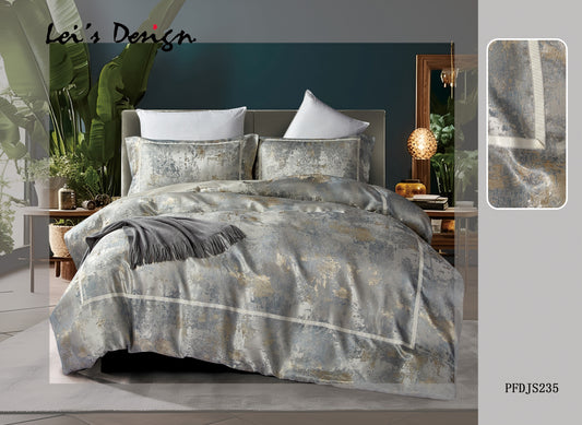7-Piece Abstract Satin Duvet Cover Set – Metallic Gray & Gold Modern Bedding, Factory Direct & Custom Size Available