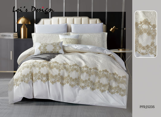 7-Piece Embroidered Duvet Cover Set – Ivory & Gold Luxury Bedding with Lace Details, Factory Direct & Custom Size Available