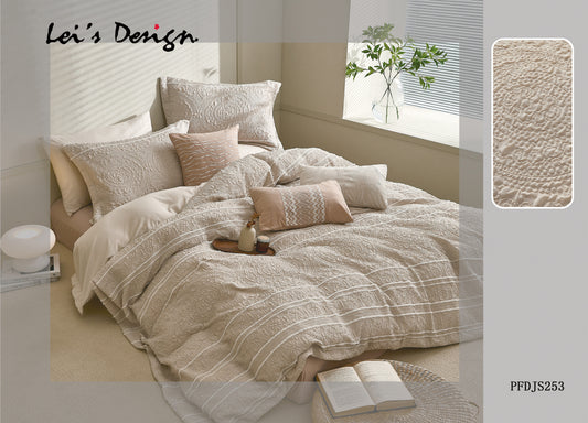 Beige textured bedding set with pillows on a bed in a bedroom setting, featuring Lei's Design branding.