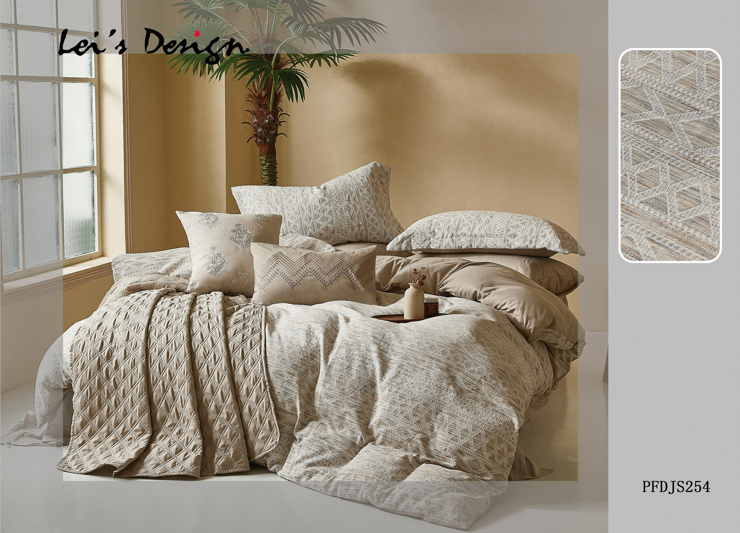 Neatly made bed with textured bedding and pillows in a room with a window and plant.