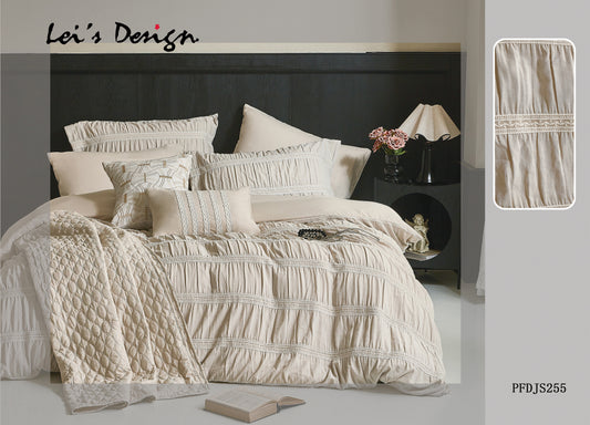 Beige textured bedding set with pillows and a quilt on a bed, featuring 'Lei's Design' branding.