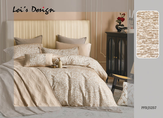 Beige bedroom setting with bedding and side table, featuring Lei's Design branding.