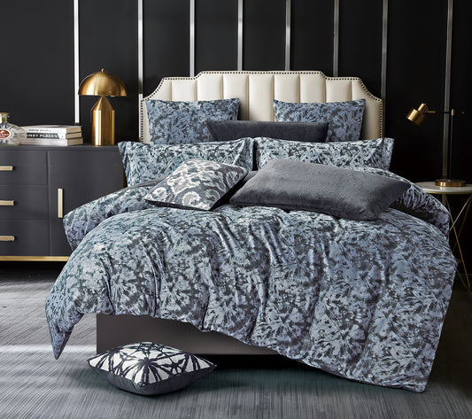 7-Piece Comforter Set, Floral Grey and Blue Design, Includes Comforter, Pillowcases, and Cushions