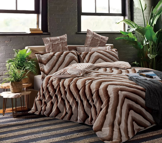 7-Piece Comforter Set, Earth-Tone Stripes Design, Includes Comforter, Pillowcases, and Cushions
