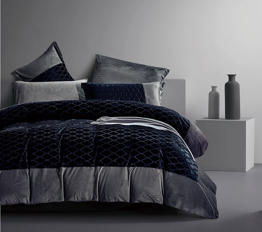 7-Piece Comforter Set, Diamond Design in Blue and Gray, Includes Comforter, Pillowcases, and Cushions