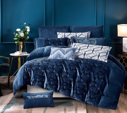 7-Piece Comforter Set, Blue Geometric Design, Includes Comforter, Pillowcases, and Cushions