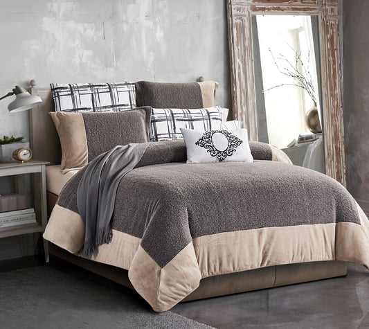 7-Piece Comforter Set, Gray and Beige Geometric Design, Includes Comforter, Pillowcases, and Cushions