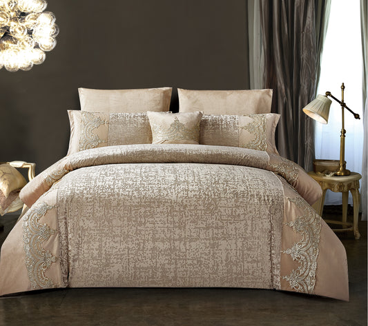7-Piece Comforter Set, Beige with Golden Embroidery, Includes Comforter, Pillowcases, and Cushions