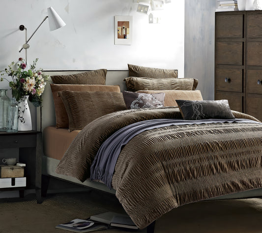 7-Piece Comforter Set, Brown with Pleated Design, Includes Comforter, Pillowcases, and Cushions
