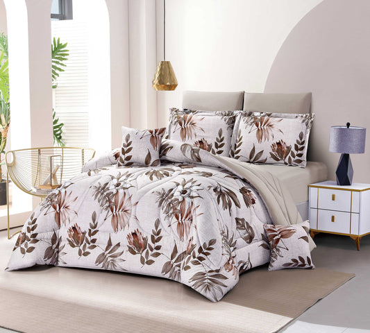 Tropical Leaf & Protea Floral Bedding Set - 7 - Piece Queen/King Size Comforter Set with Pillowcases, Shams & Decorative Pillows - Neutral Beige & Terracotta Botanical Print - Bedding Factory&Supplier