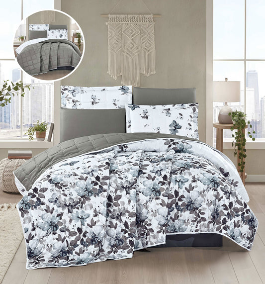 Watercolor Floral 7 - Piece Quilt Set - Reversible Design with Gray Accent, Lightweight Bedding for All Seasons (Full/Queen Size) - Bedding Factory&Supplier