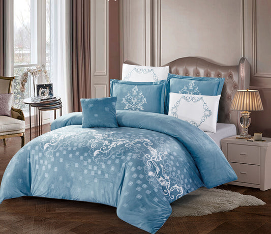 Custom Blue Velvet Comforter Set | OEM & ODM Bedding Manufacturer | Embroidered Microfiber Luxury Quilt | Factory Direct Home & Hotel Bedding Supplier