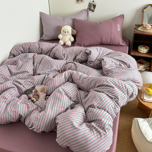 Four Season Blue Stripe Duvet Cover Set Queen, Soft All-Season Bedding with Pillowcases, Japanese Korean Style Navy & Sky Blue, OEM ODM Factory Direct Custom Bedding for Bulk Orders