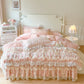 Puff Pink Ruffle Floral Duvet Cover Set Queen, 100% Polyester All-Season Bedding with Embroidered Mesh Skirt & Pillow Shams, Cottage Princess Bed Set, OEM ODM Factory Custom Design & Logo