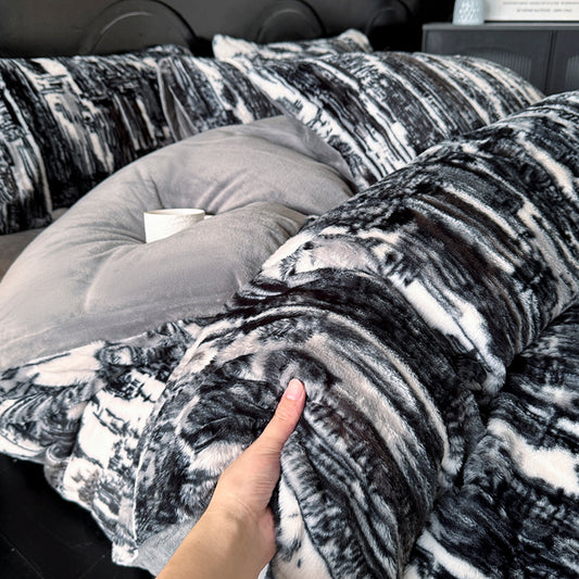 Monochrome Brushstroke Faux Fur Duvet Cover Set Queen, 100% Polyester Plush with Grey Reverse & Pillow Shams, Modern Minimal Loft Bedding, OEM ODM Factory Custom Pattern & Size Support