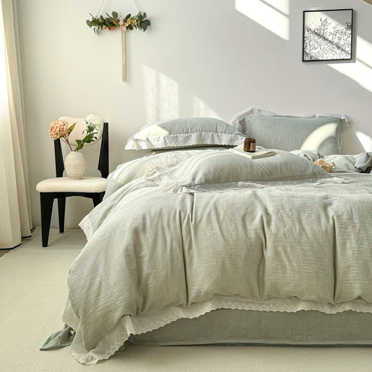 Light Sage Green Ruffle Duvet Cover Set Queen, 100% Polyester Washed-Look Bedding with Lace Trim Pillowcases, Romantic Cottage Bedroom Style, OEM ODM Factory Private Label & Custom Size Support