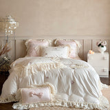 Ivory Ruffle Princess Duvet Cover Set Queen, Blush Pink Bow Bedding 100% Polyester, All-Season Romantic Bed Ensemble, OEM ODM Factory Custom Design & Gift Packaging