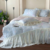 Ruffled Pink Floral Duvet Cover Set Queen, 100% Polyester Microfiber Bed Skirt Style Bedding, Shabby Chic Romantic Design, OEM ODM Factory Direct Custom Size & Packaging