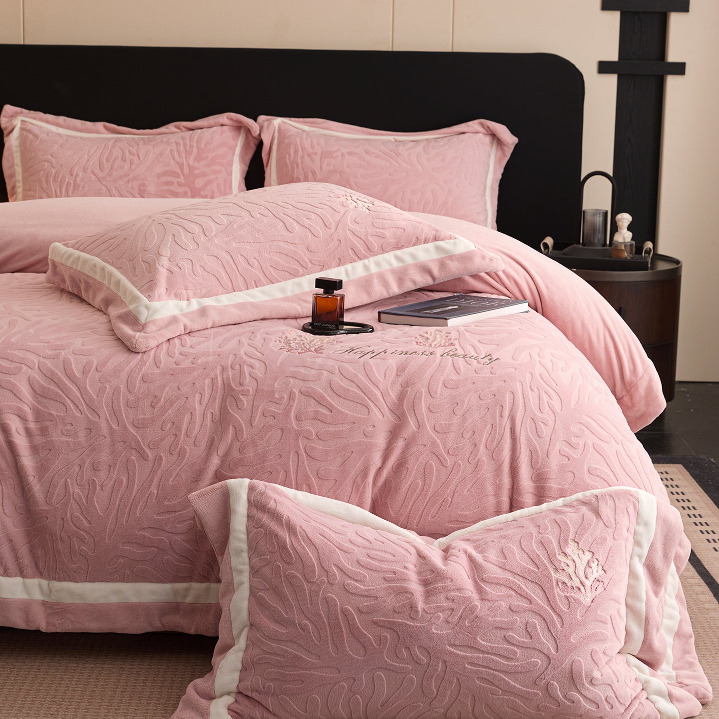 Blush Coral Texture Plush Duvet Cover Set Queen, 100% Polyester Fleece Bedding with Contrast Border Pillow Shams, Modern Cozy Bed Set, OEM ODM Factory Custom Fabric & Private Label Service