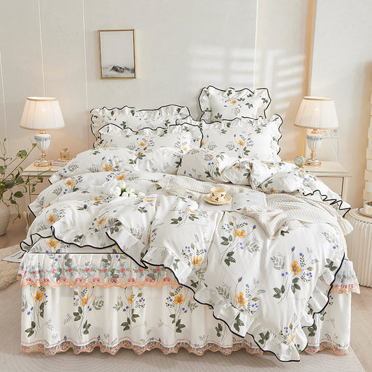 Spring Garden Ruffle Floral Duvet Cover Set Queen, 100% Polyester All-Season Bedding with Bed Skirt & Black Piping, Cottagecore Farmhouse Style, OEM ODM Factory Custom Print & Size Available