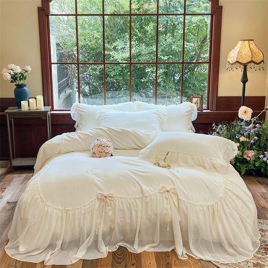 Milky White Cottage Ruffle Duvet Cover Set Queen, 100% Polyester Soft Bedding with Sheer Skirt & Ribbon Bows, Airy Garden Room Style, OEM ODM Factory Custom Color, Size & Logo