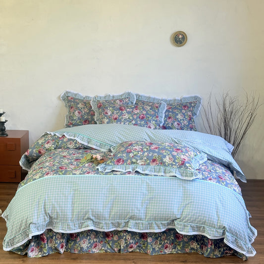 Teal Floral & Gingham Ruffle Duvet Cover Set Queen, 100% Polyester All-Season Cottage Bedding with Bed Skirt Look, OEM ODM Factory Direct Custom Size & Print
