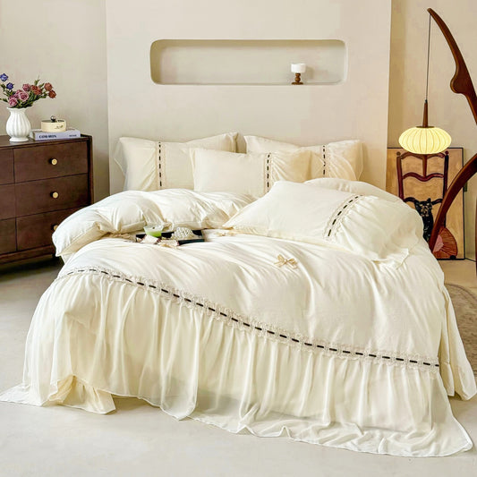 Cream Ruffle Bed Skirt Duvet Cover Set Queen, 100% Polyester Off-White Minimal Romantic Bedding with Lace Trim, All-Season Comforter Cover, OEM ODM Factory Custom Design & Bulk Order