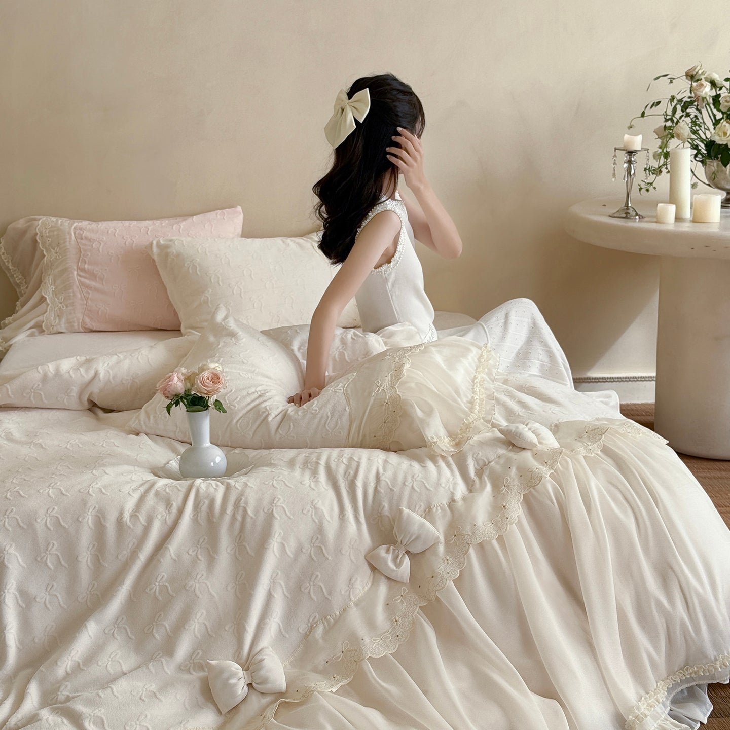 Pastel Pink Paris Romance Duvet Cover Set Queen, 100% Polyester Bow-Embossed Ruffle Bedding with Lace Trim, All-Season Comforter Cover, OEM ODM Factory Direct Custom Design