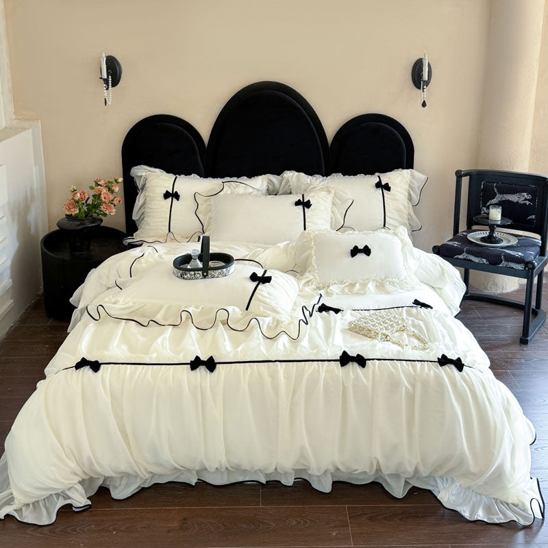Black Bow Ruffle White Duvet Cover Set Queen, 100% Polyester All-Season Bedding with Contrast Piping, Elegant Girly Style, OEM ODM Factory Custom Size & Private Label