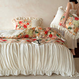 Ivory Ruched Floral Plush Comforter Cover Set Queen, 100% Polyester Velvety Bedding with Pillow Shams, Impressionist Rose Print, OEM ODM Factory Custom Design & Bulk Production