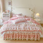Puff Pink Ruffle Floral Duvet Cover Set Queen, 100% Polyester All-Season Bedding with Embroidered Mesh Skirt & Pillow Shams, Cottage Princess Bed Set, OEM ODM Factory Custom Design & Logo