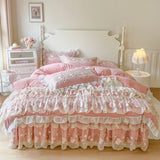 Puff Pink Ruffle Floral Duvet Cover Set Queen, 100% Polyester All-Season Bedding with Embroidered Mesh Skirt & Pillow Shams, Cottage Princess Bed Set, OEM ODM Factory Custom Design & Logo