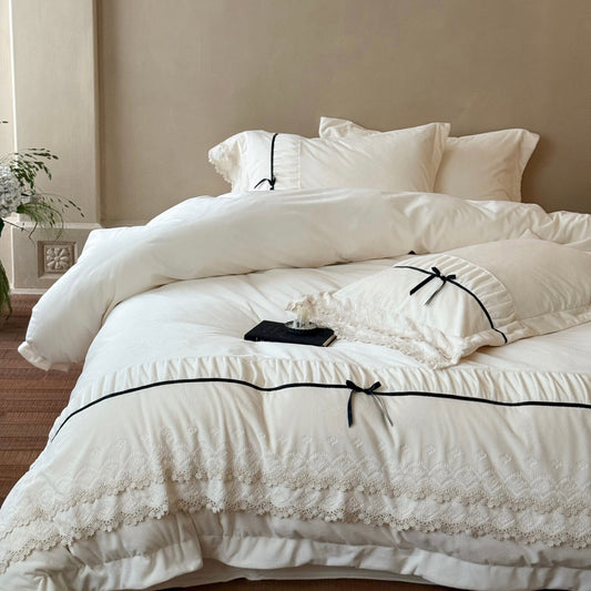 White Duvet Cover Set with Black Ribbon Trim King, 100% Polyester Lace Detail Bedding with Pillow Shams, Parisian Romantic Bed Set, In-House OEM ODM Factory Custom Design for Brands & Hotels