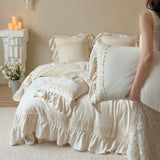Vintage Cream Ruffle Duvet Cover Set Full/Queen, 100% Polyester Lace Trim Bedding with Pillow Shams, Romantic Sweetheart Princess Style, OEM ODM Factory Custom Bridal & Hotel Projects