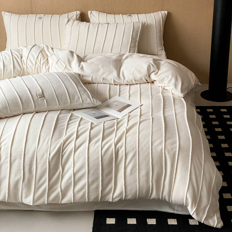 Ivory Ribbed Plush Duvet Cover Set Queen, 100% Polyester Fleece Minimal Bedding with Pillow Shams, Neutral Cozy Bed Set, OEM ODM Factory Custom Size & Private Label Support